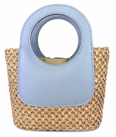 Brown Circular Handles Handbag, Raffia & Leather