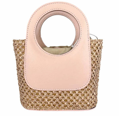 Brown Circular Handles Handbag, Raffia & Leather