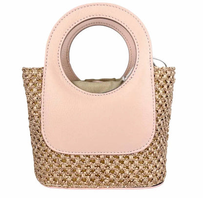 Brown Circular Handles Handbag, Raffia & Leather