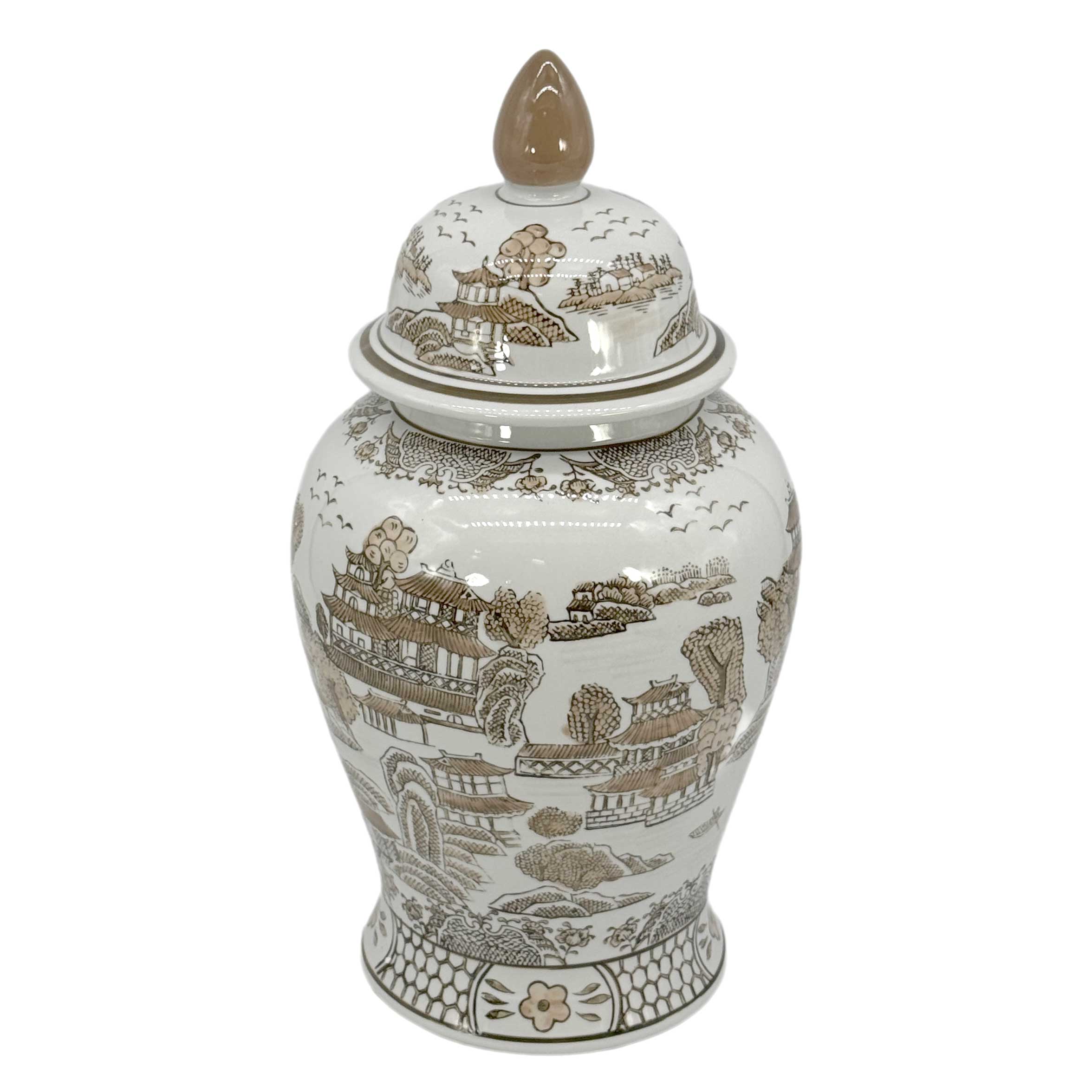 Brown & White Chinoiserie Ginger Jar, 18in