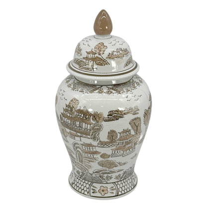Brown & White Chinoiserie Ginger Jar, 18in
