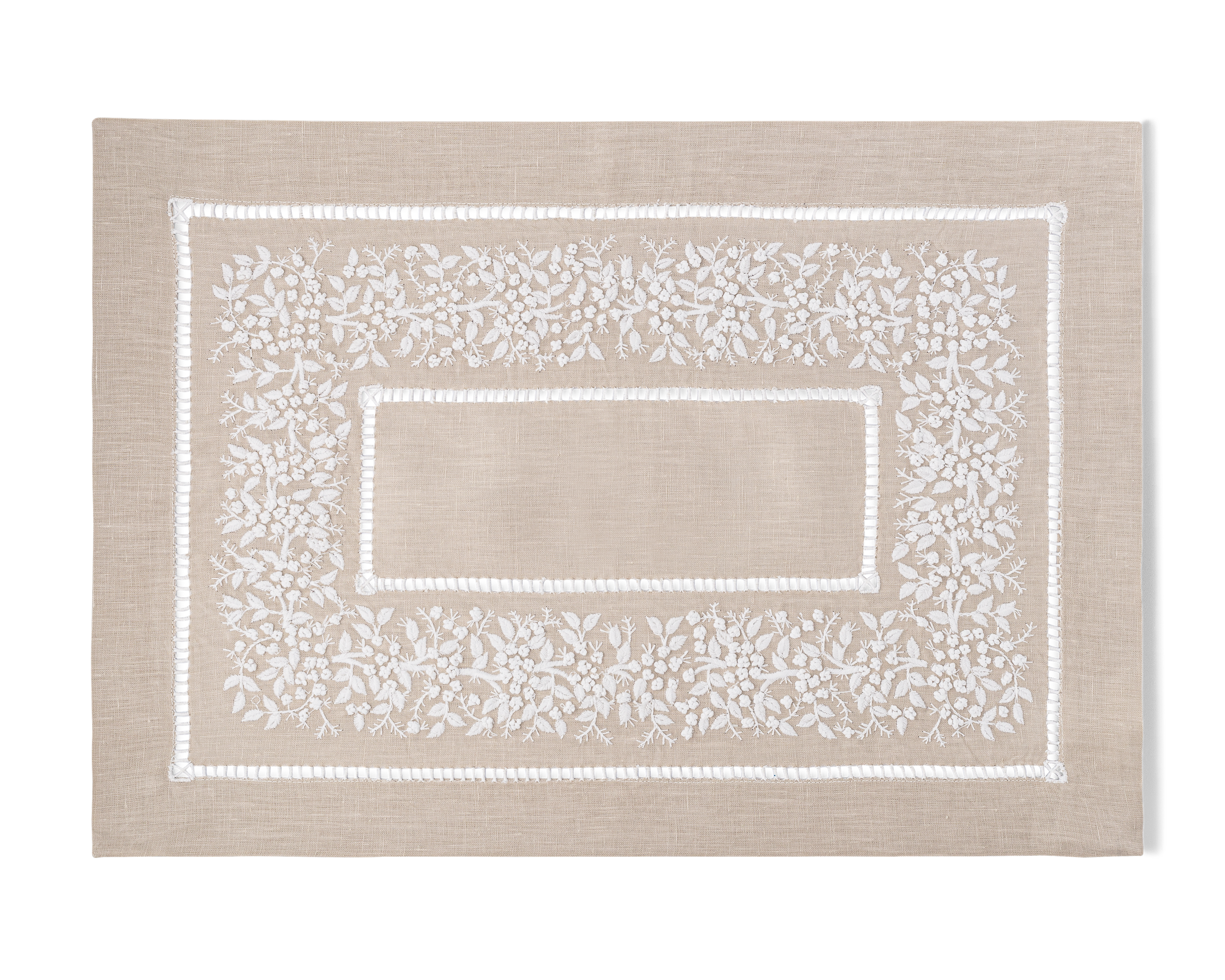 Linen Placemat, White on Taupe