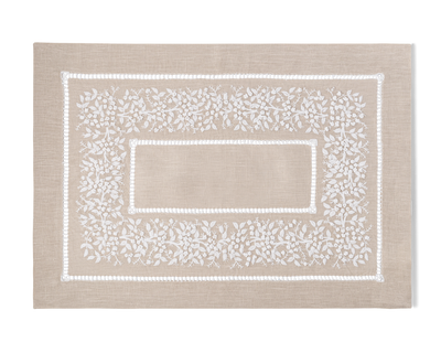 Linen Placemat, White on Taupe