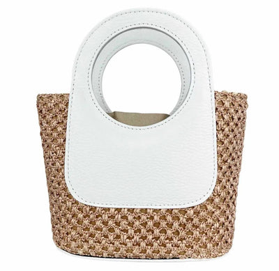 Brown Circular Handles Handbag, Raffia & Leather