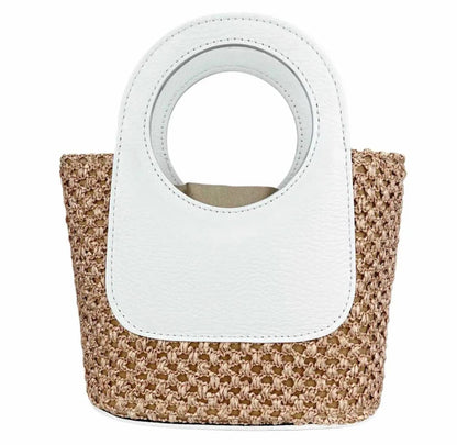 Brown Circular Handles Handbag, Raffia & Leather