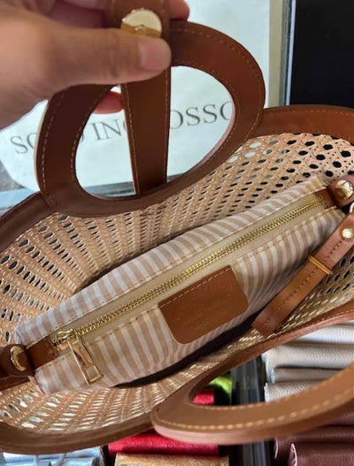 Camel Woven Tote Bag with Round Handle, Leather