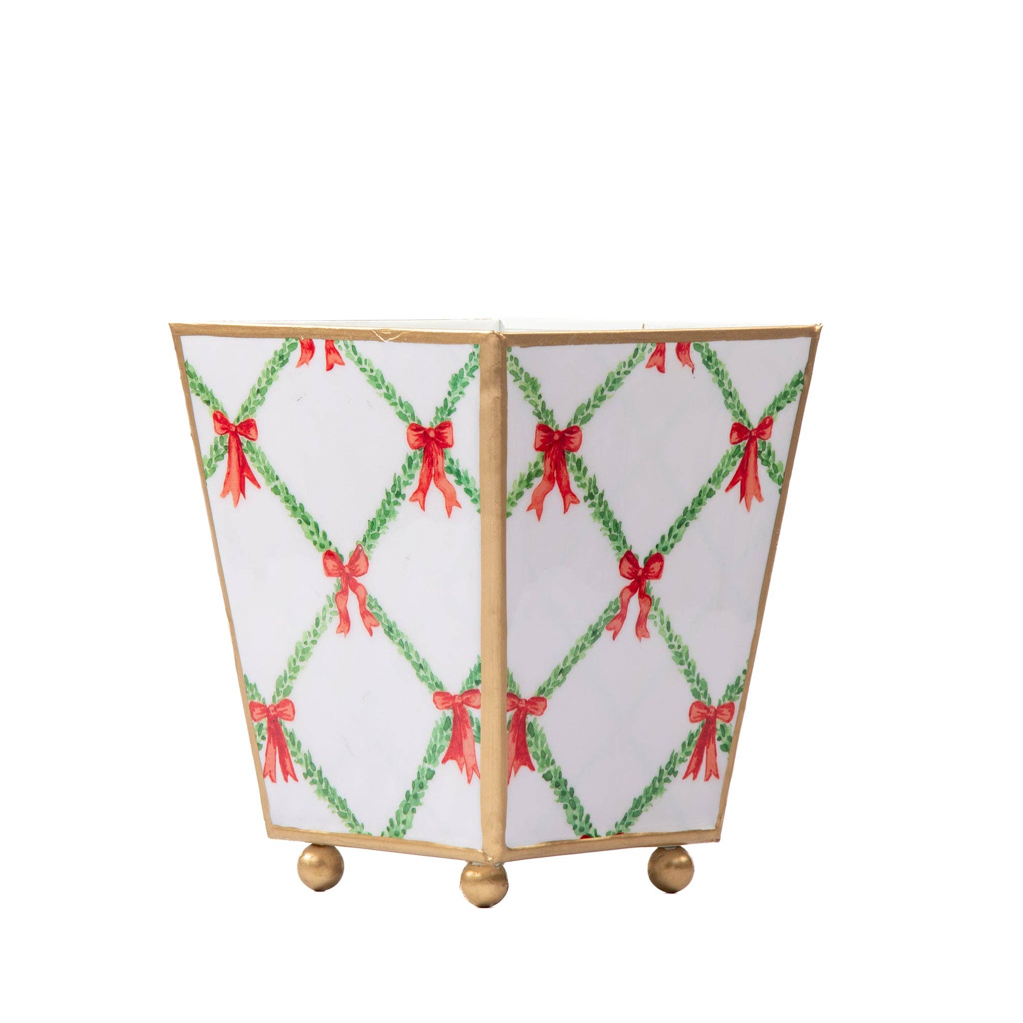 Cachepot, Bow Trellis Enameled Square Planter, Red & Green - Jaye's Studio (6in)