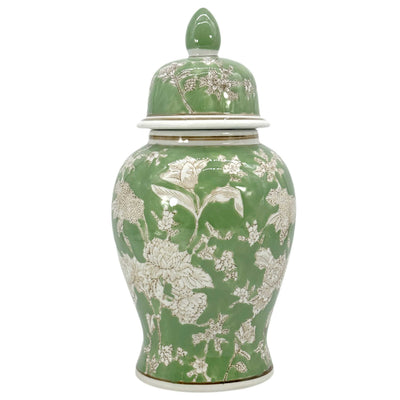 Green & White Chinoiserie Ginger Jar, 14in