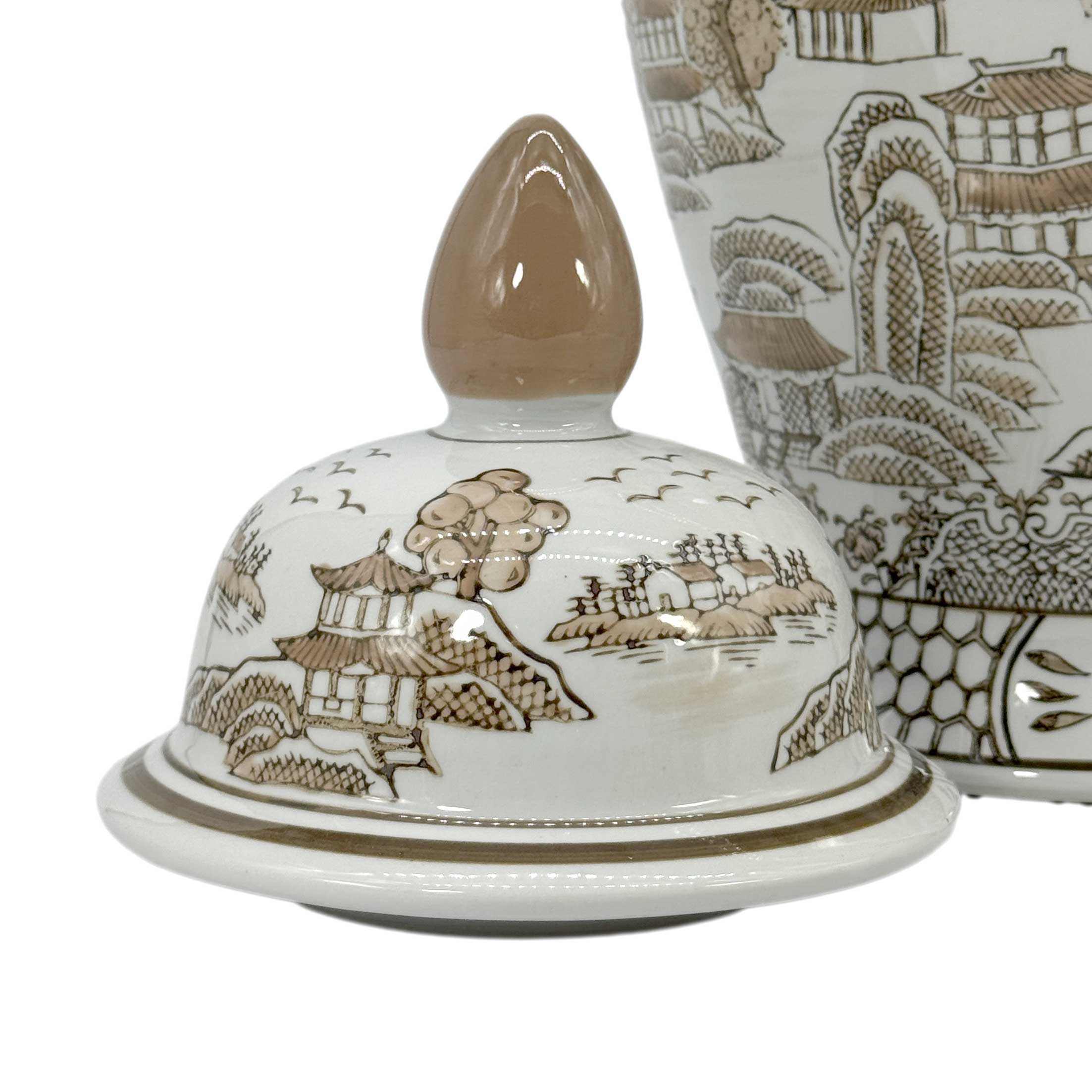 Brown & White Chinoiserie Ginger Jar, 18in