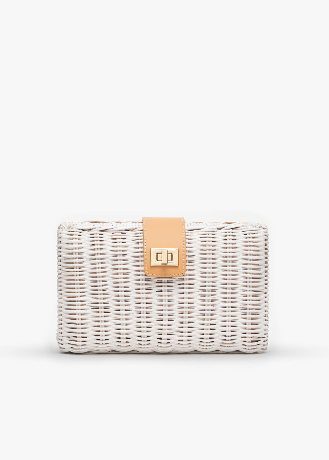 White, Lou Wicker Clutch Bag with Gold Toned Turn Lock - Kayu