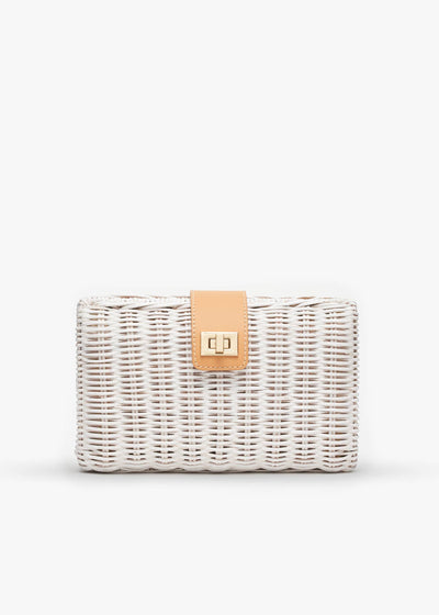 White, Lou Wicker Clutch Bag with Gold Toned Turn Lock - Kayu