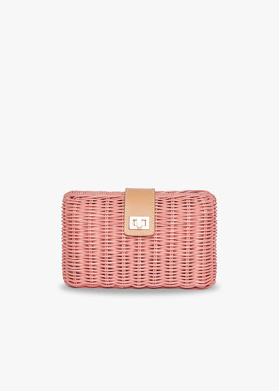 Lou Wicker Clutch with Gold Toned Turn Lock, Pink - Kayu