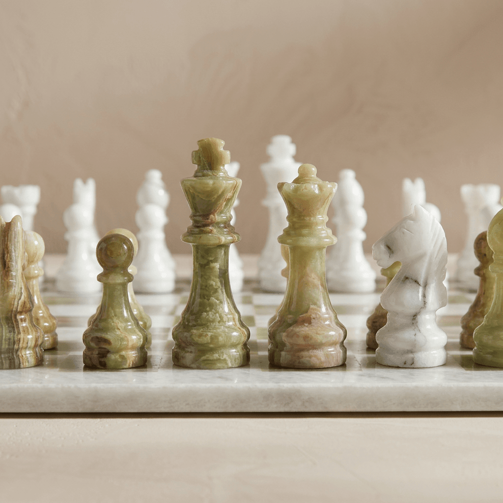 Marble Chess Set, White & Green Onyx, 16in (with Storage Case)