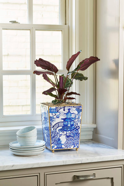 Garden Party Enameled Square Cachepot Planter, White & Blue (6-in)