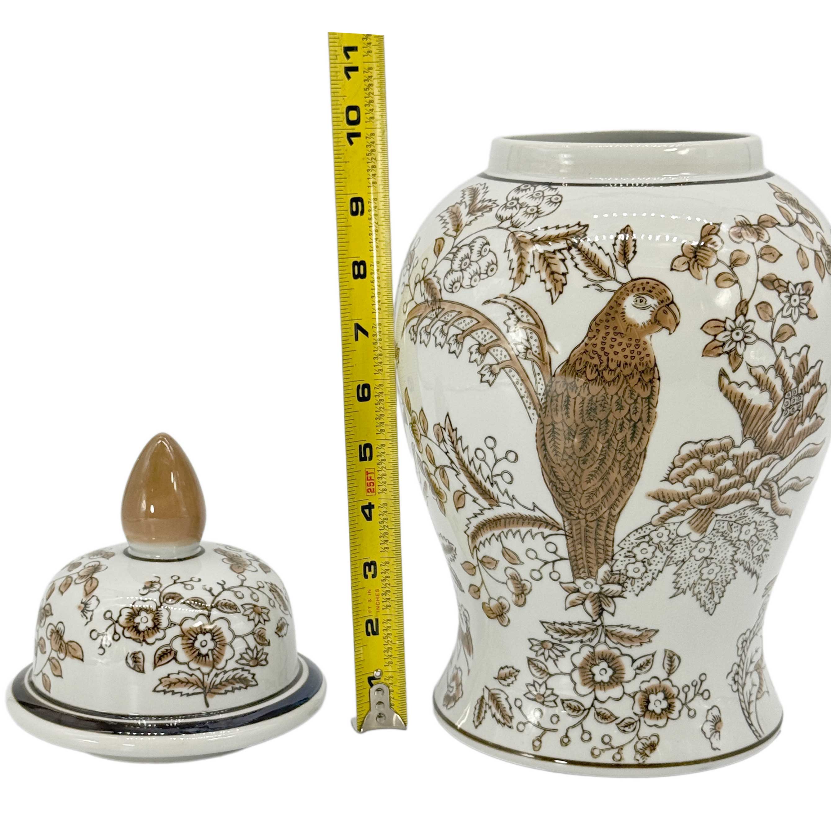 Brown & White Parrot Chinoiserie Ginger Jar, 14in