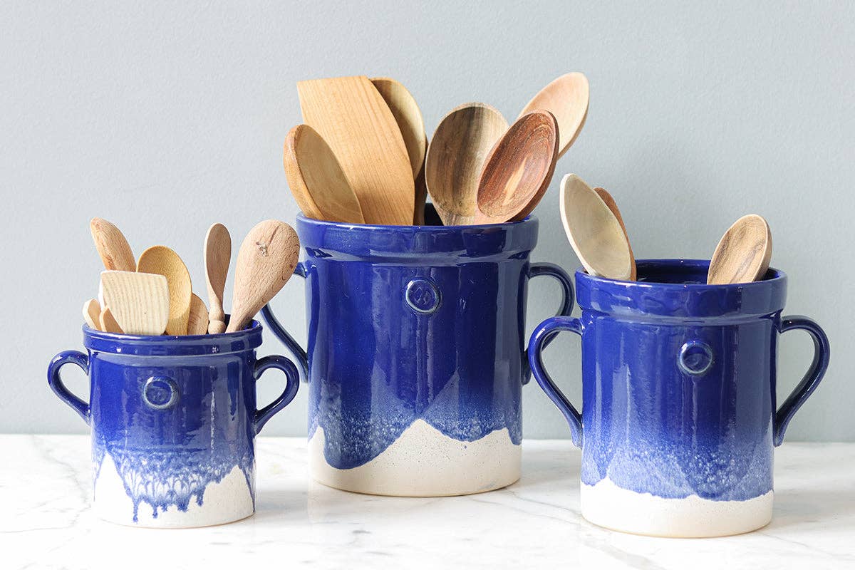 S Blue Artisanal Handthrown Ceramic Utensil Crock with Handles