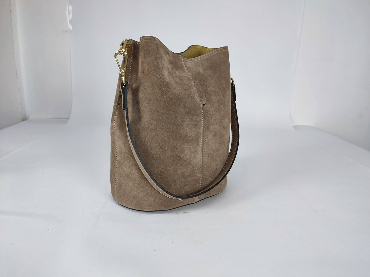 Taupe Suede Bucket Bag - Jijou Capri