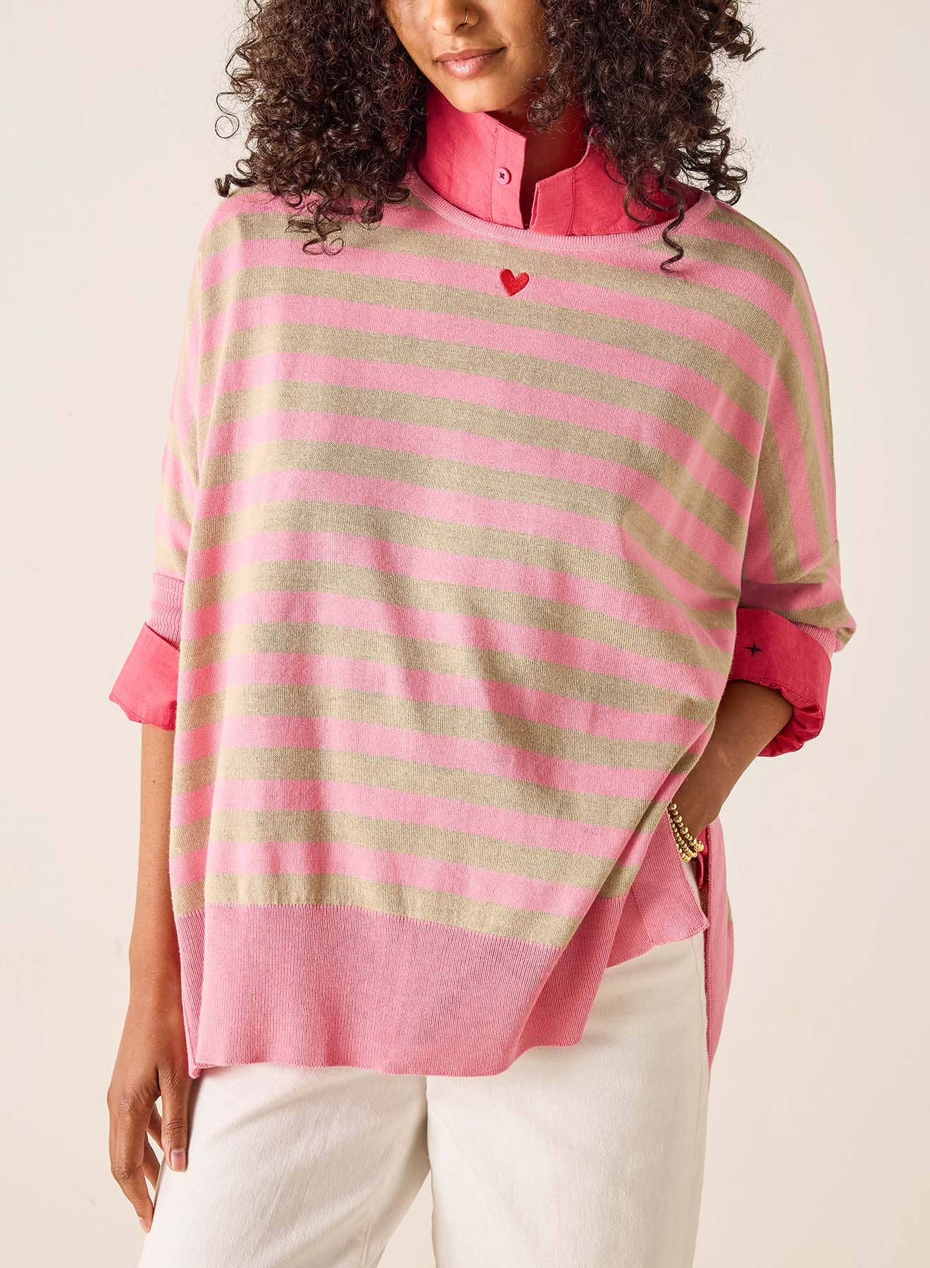 Amour XO Sweater, Pink & Khaki (One Size)