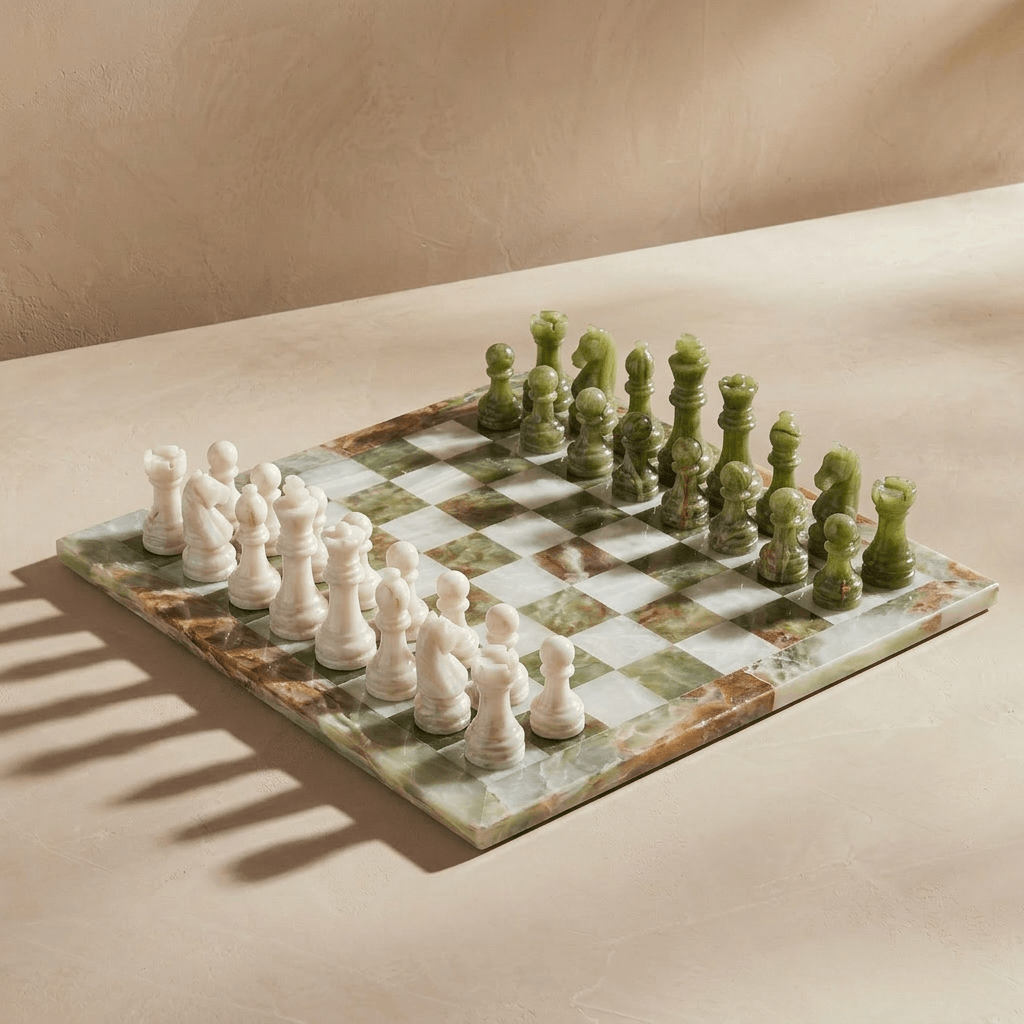Marble Chess Set Green Onyx & White, 16in (with Storage Case)