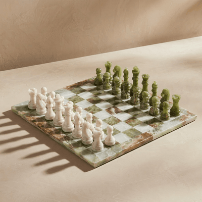 Marble Chess Set Green Onyx & White, 16in (with Storage Case)