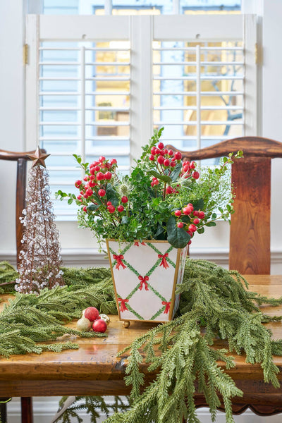 Cachepot, Bow Trellis Enameled Square Planter, Red & Green - Jaye's Studio (6in)