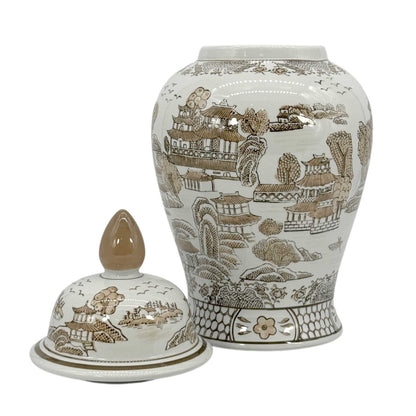 Brown & White Chinoiserie Ginger Jar, 18in