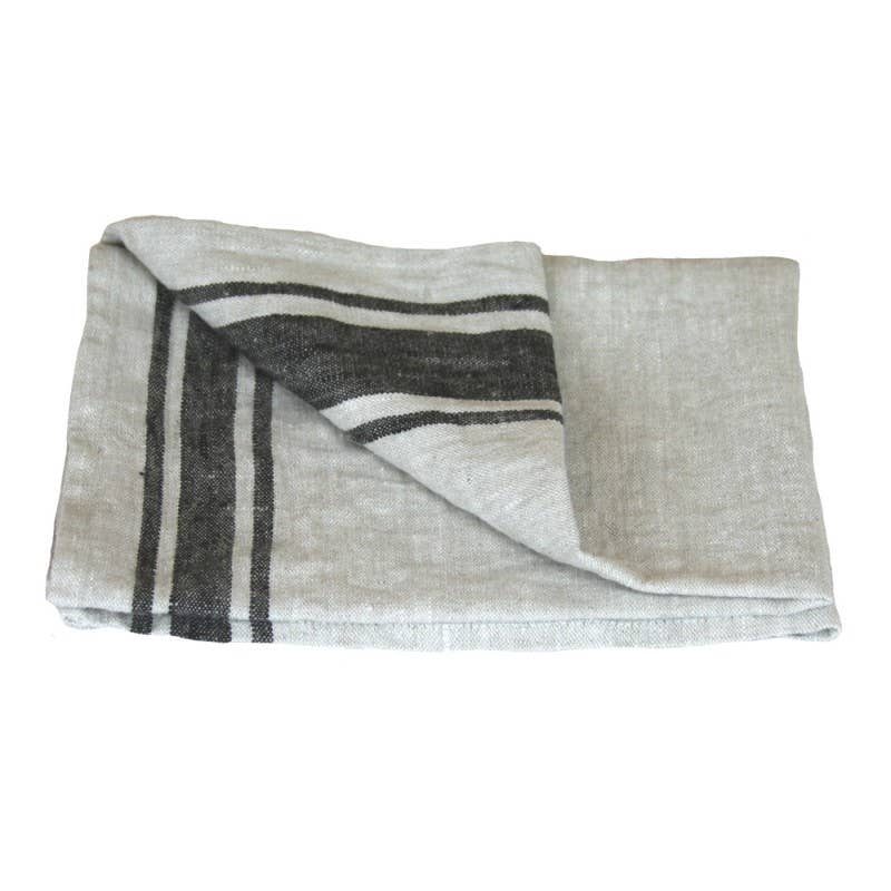Grey & Black Striped Linen Hand Towel, Stonewashed