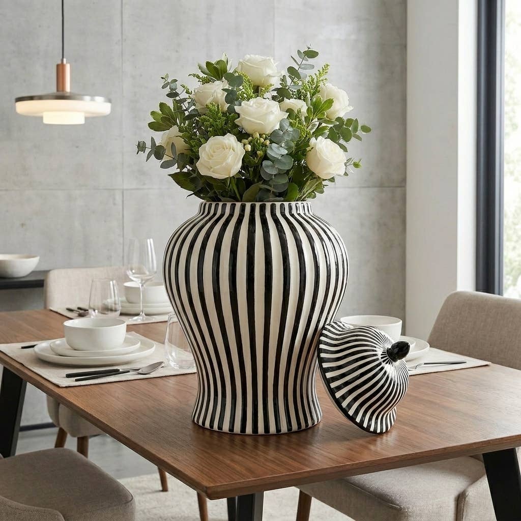 Black & White Candy Cane Striped Ceramic Vase, 18in