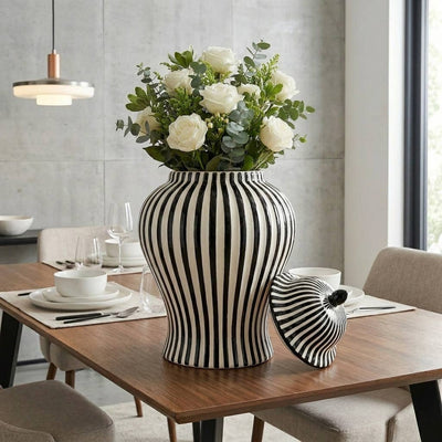 Black & White Candy Cane Striped Ceramic Vase, 18in