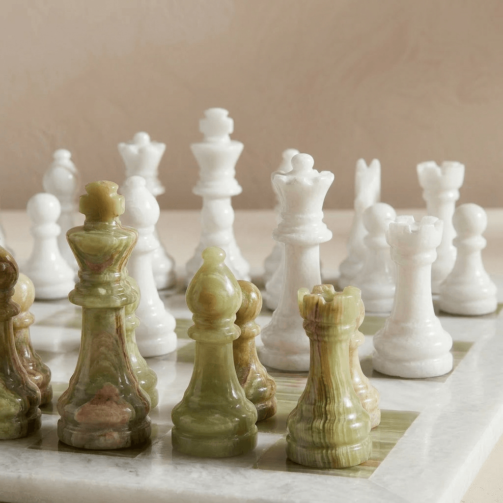 Marble Chess Set, White & Green Onyx, 16in (with Storage Case)