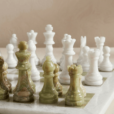 Marble Chess Set, White & Green Onyx, 16in (with Storage Case)