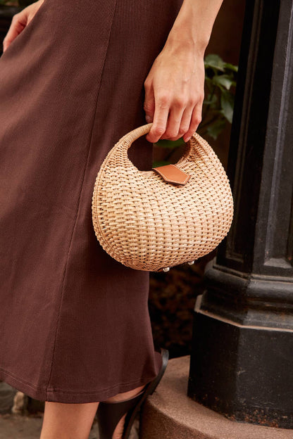 Ines Woven Wicker Top Handle Bag with Leather Flap - Kayu