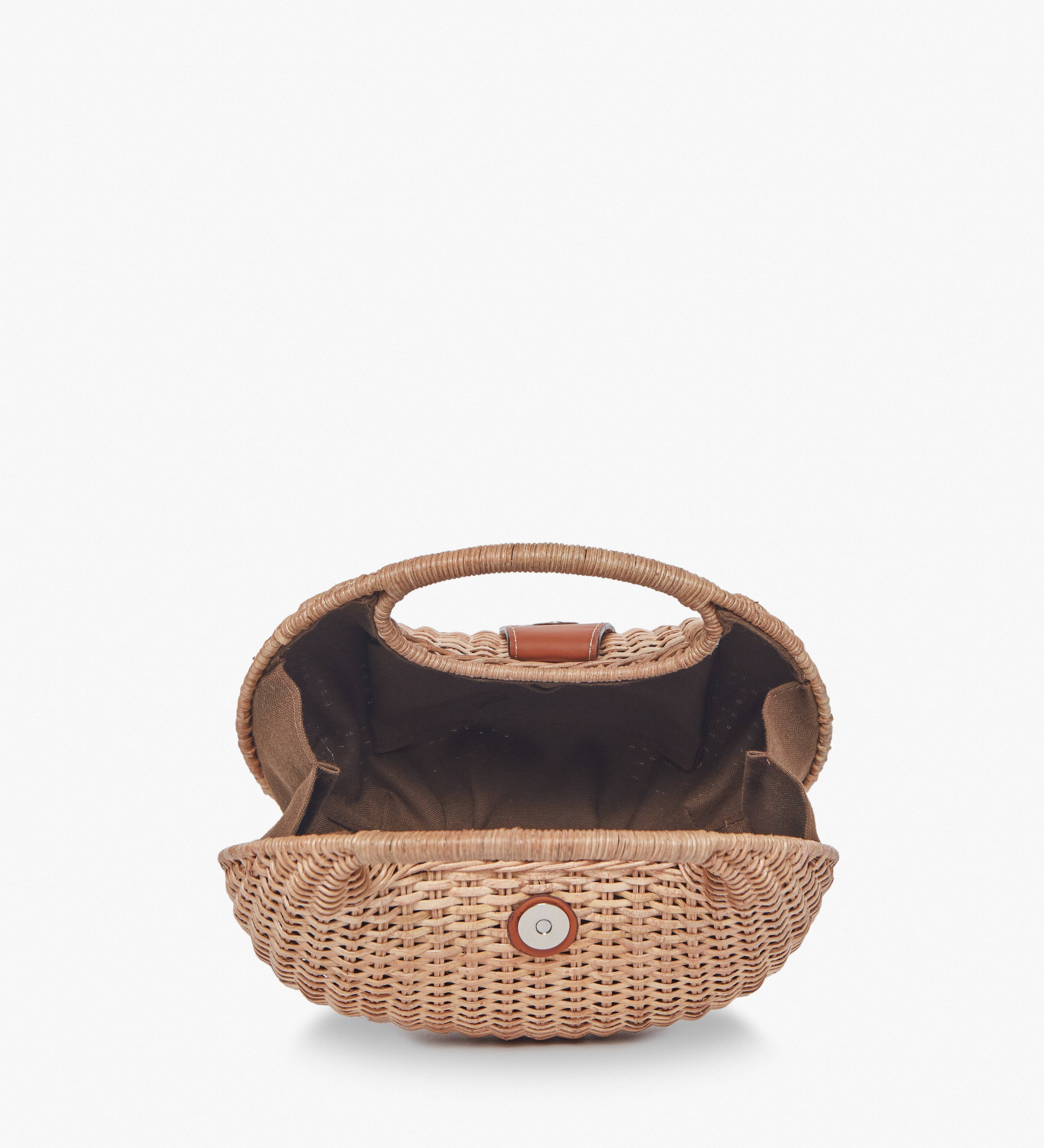 Ines Woven Wicker Top Handle Bag with Leather Flap - Kayu