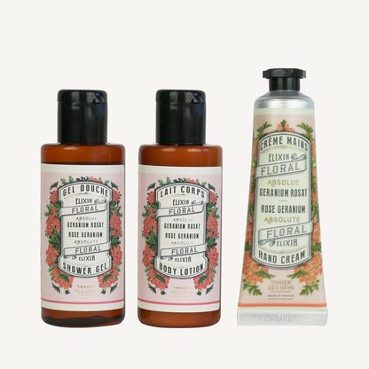 Body Care Travel Set, Rose Geranium - Panier des Sens (2x 2.4oz / 70ml, 1oz / 30ml)