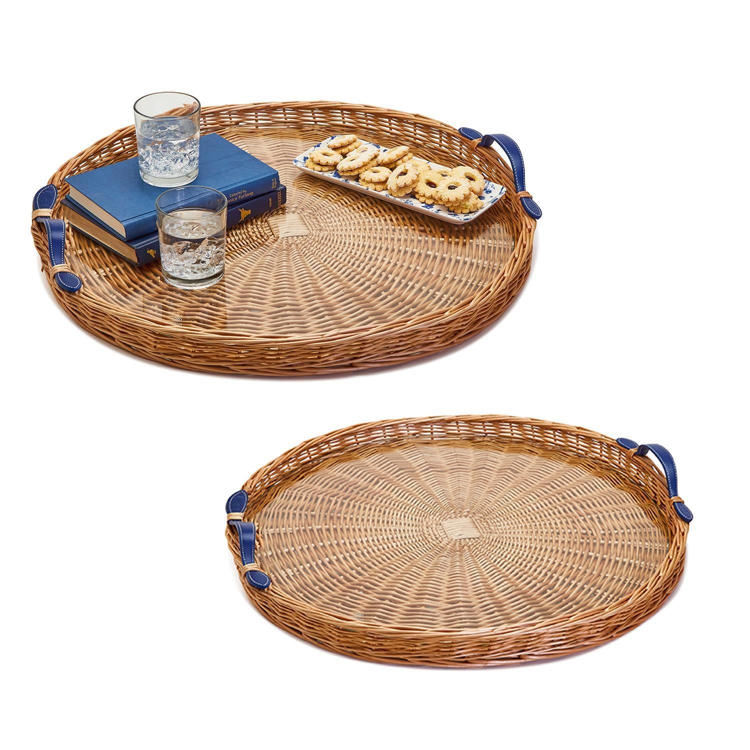 Wicker Tray (24-inch Round, Blue Handles)