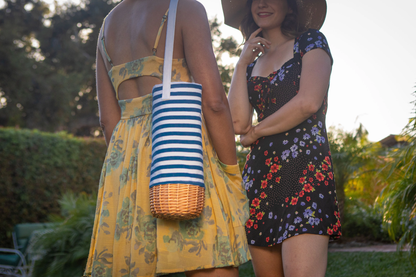 Canvas & Willow Wine Tote, Blue Stripe / Natural Base / Red Interior