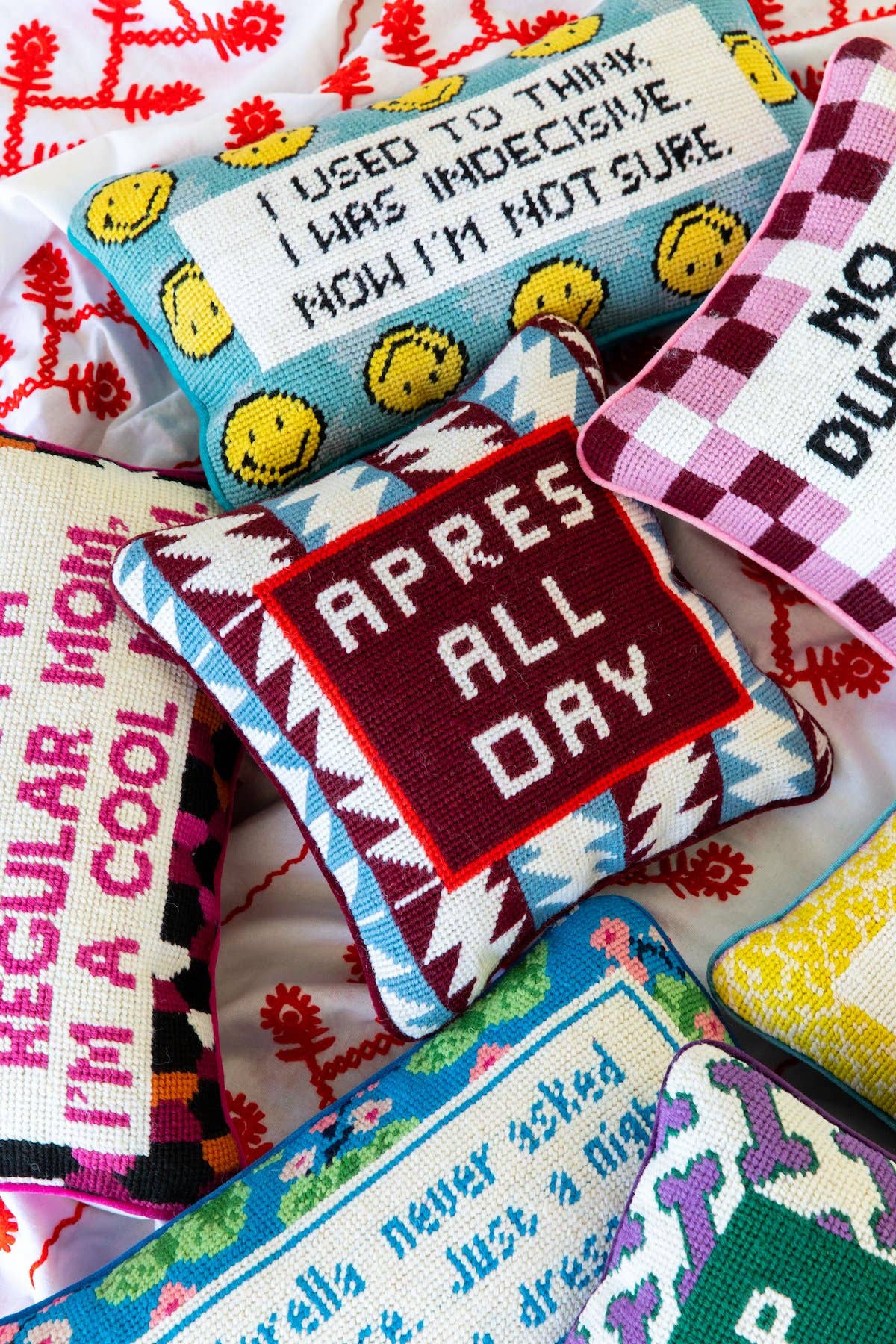 Pillow, 'Apres All Day' Needlepoint- Furbish Studio (10in sq)