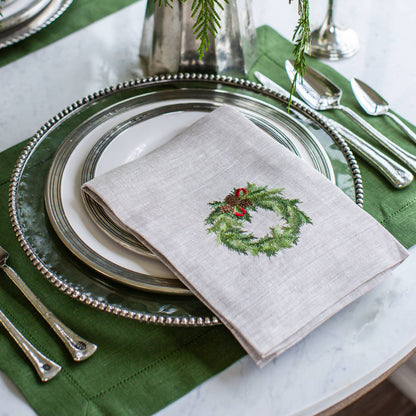 Juniper Wreath Tri-Fold Napkin, Set of 4 - Arte Italica & Crown Linen Designs (20in sq)