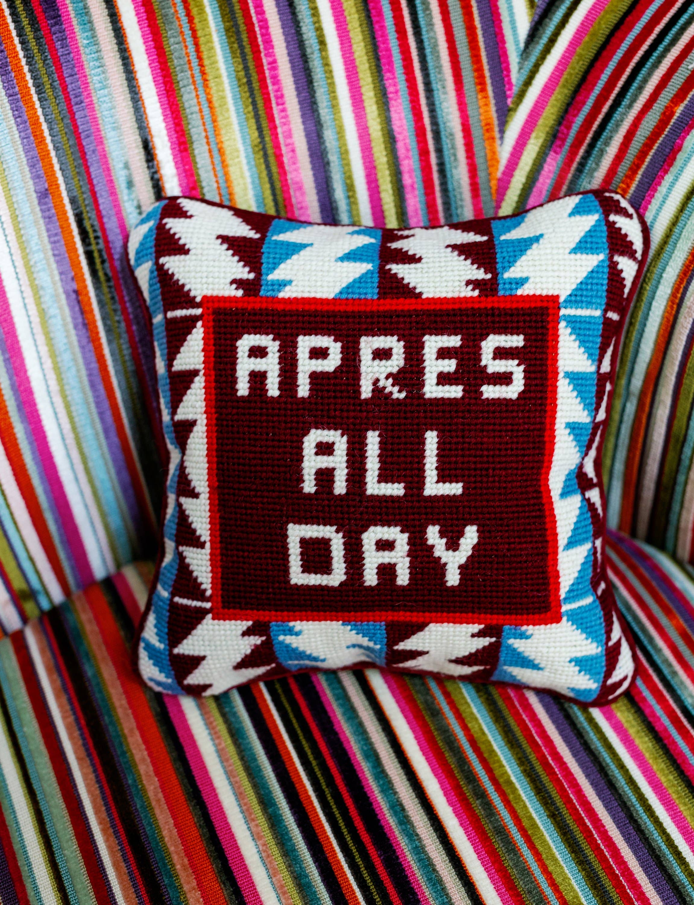 Pillow, 'Apres All Day' Needlepoint- Furbish Studio (10in sq)