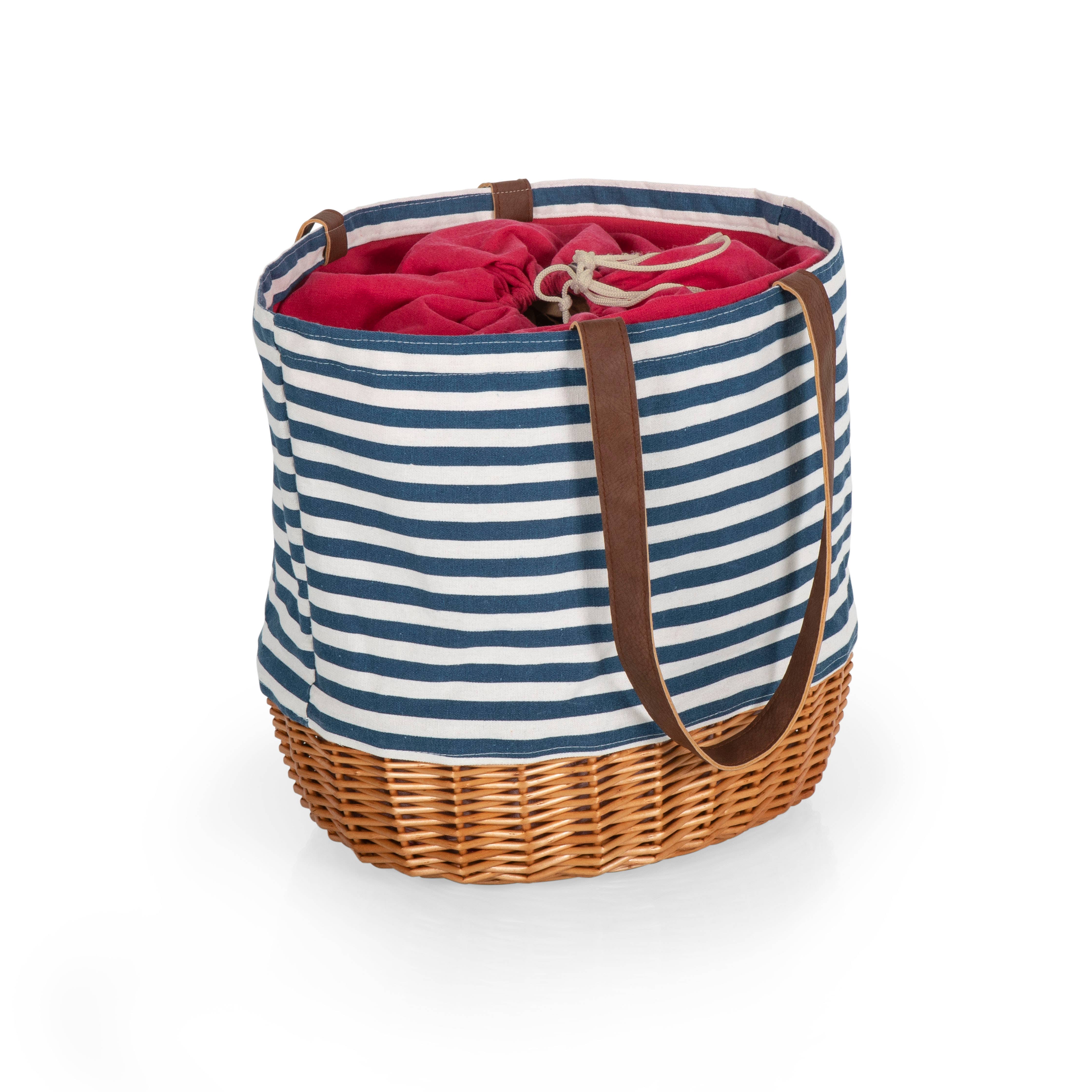 Coronado Canvas & Willow Basket Tote, Navy Stripe / Natural Base / Red Interior