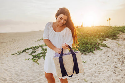 Parisian Picnic Basket, Beige with Navy Blue Accents