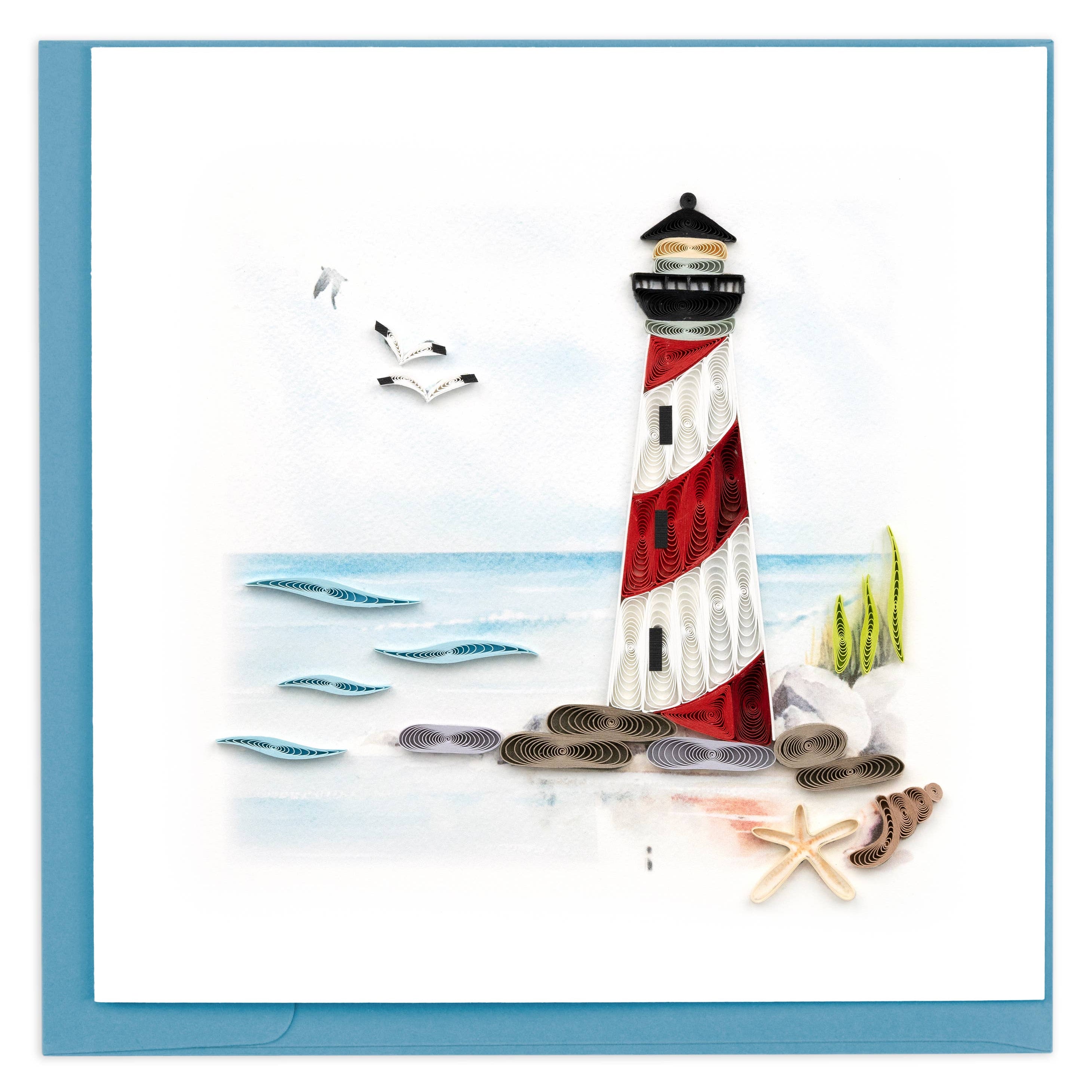 Card, Red & White Lighthouse - Quilling Card (6in sq, with envelope)