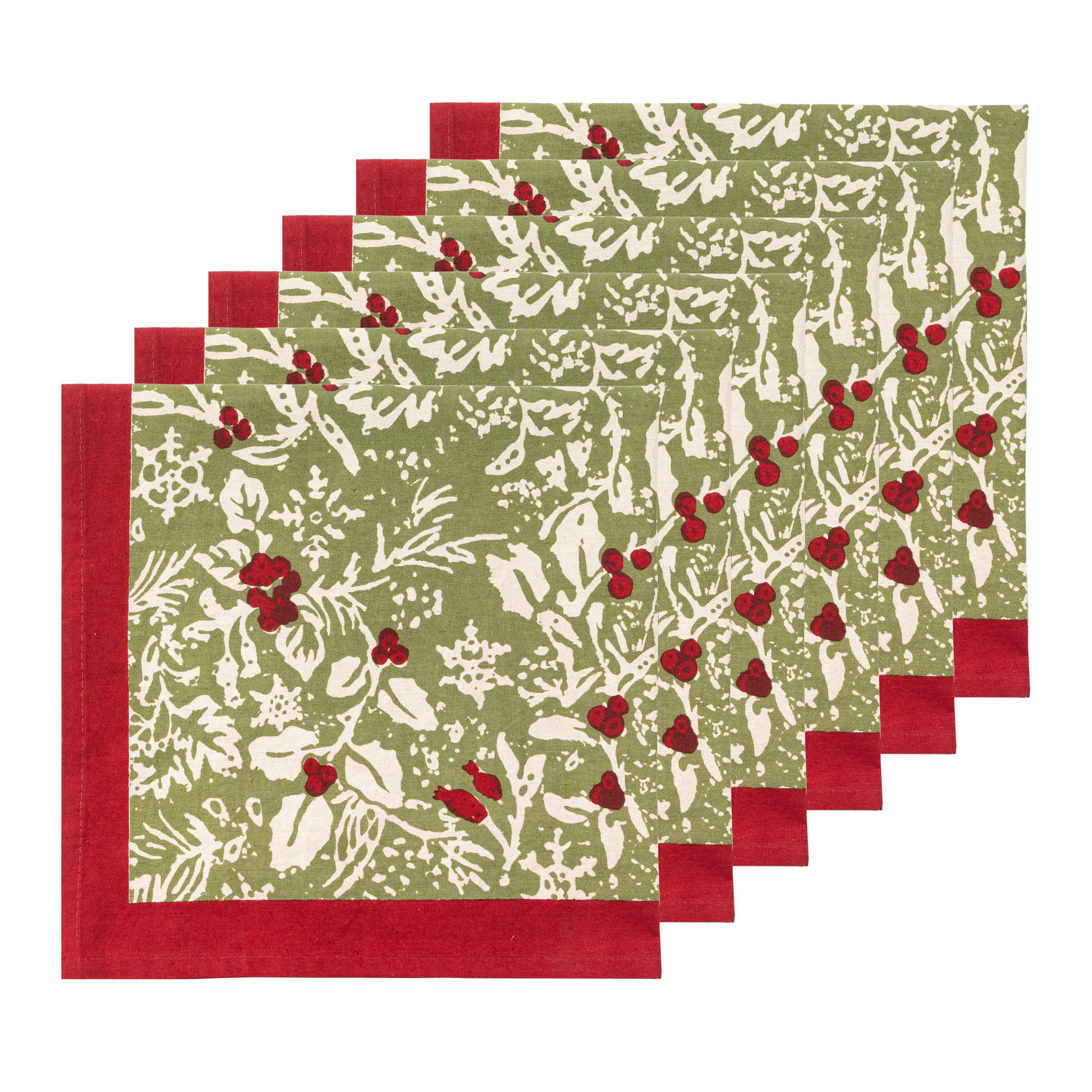 Dinner Napkins Baies de Houx, Red & Green (Set of 6) - Couleur Nature Paris (19in sq)
