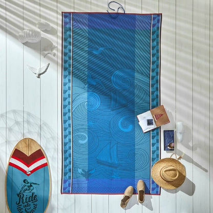 Beach Towel Baignade À Socoa, Blue - Le Jacquard Français (39in x 79in)
