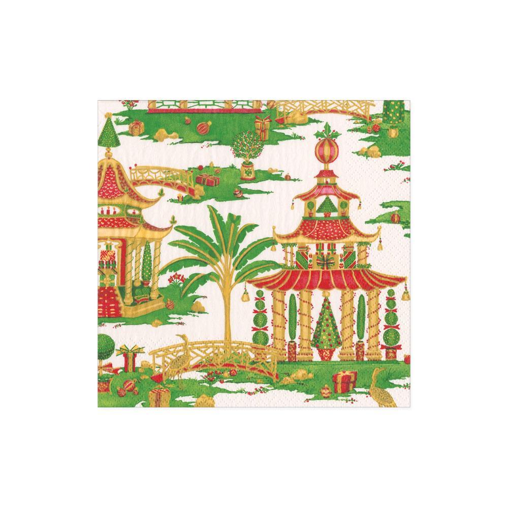 Cocktail Napkin, Christmas Pagoda in White (Boxed) - Caspari (5in sq)