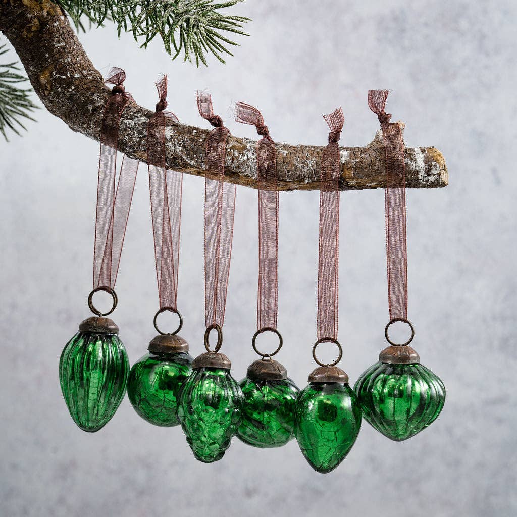 Emerald Crackle Glass Baubles (Set of 6)